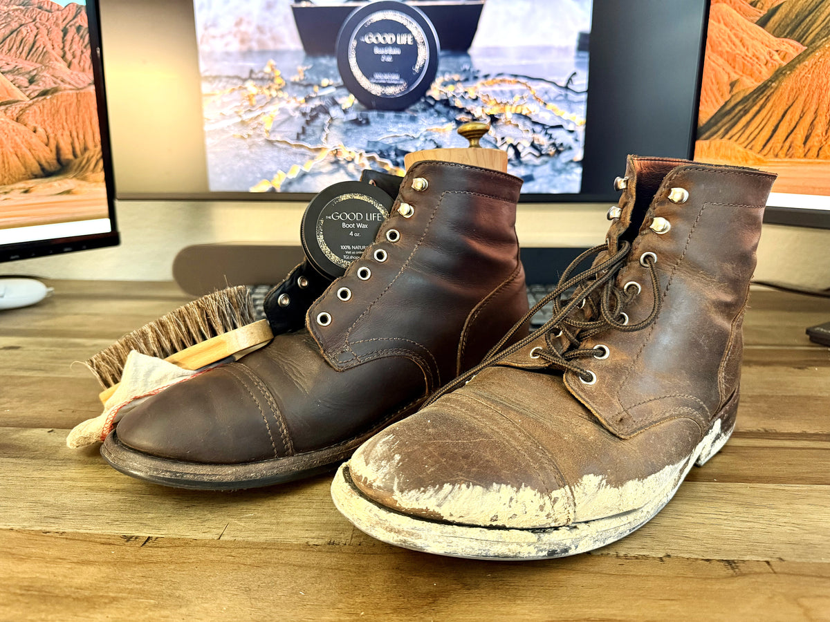 Leather boots before and after TGL Dubbin boot wax, with the tin and brush.