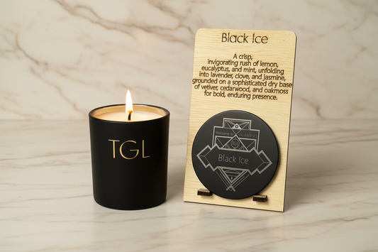 Professional product photo of original TGL candle with Black Ice scent card