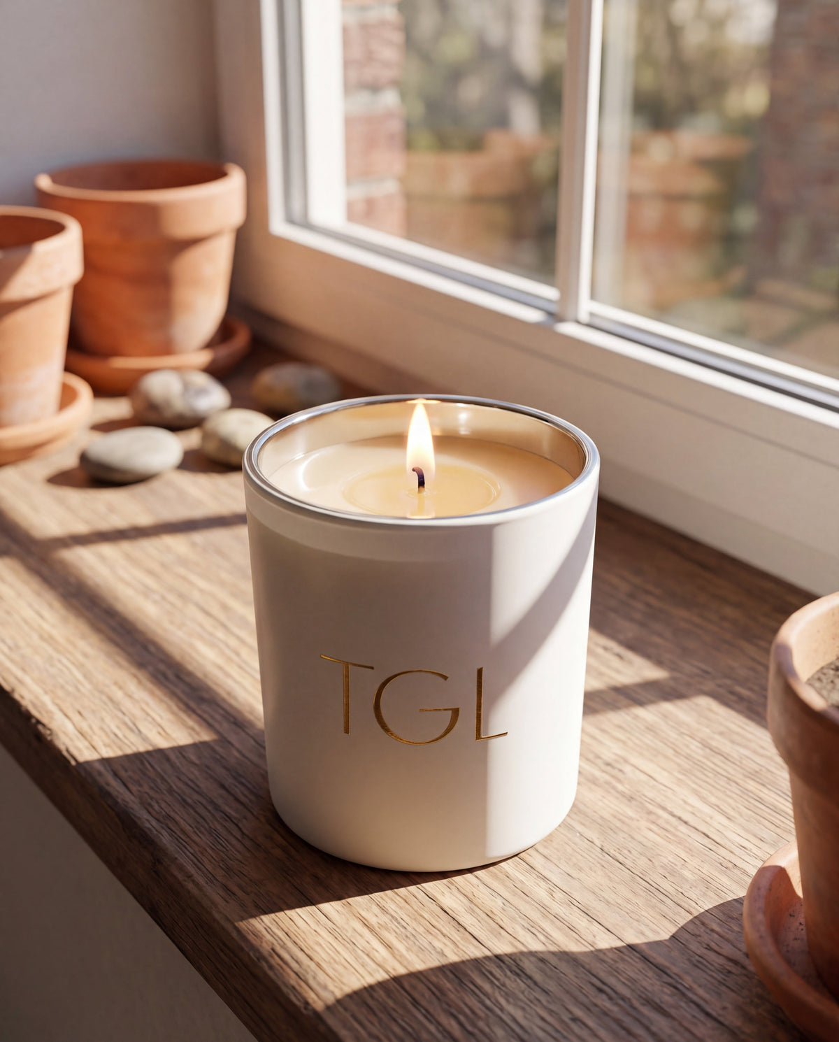 TGL soy candle by The GOOD LIFE, lit in a white jar on a sunny windowsill