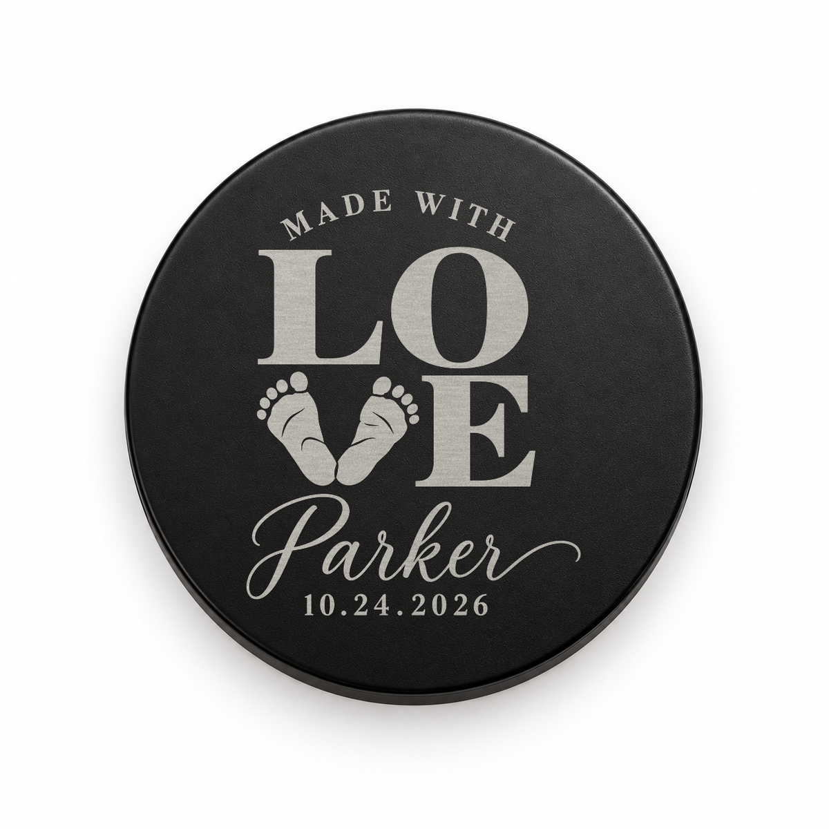 Black candle lid engraved with the Made With Love baby shower design