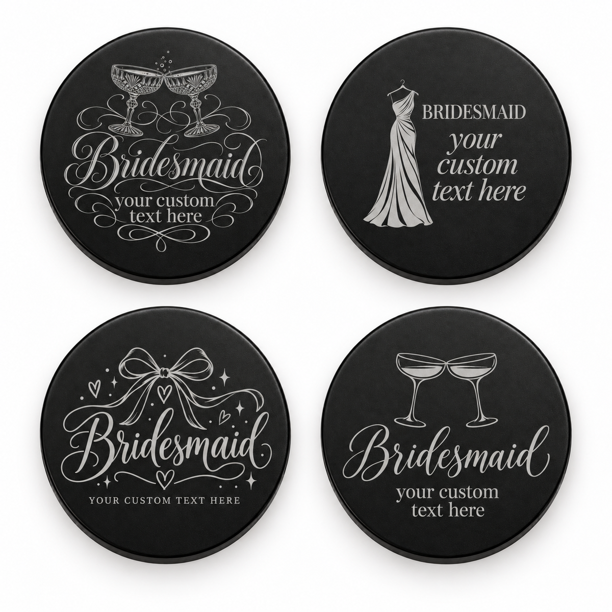 Four black candle lids engraved with bridesmaid designs, shown together