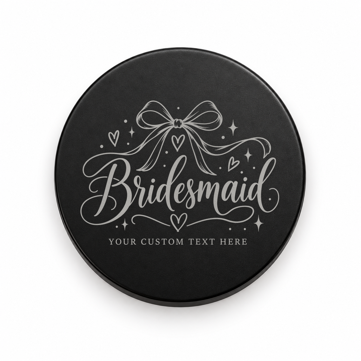 Black candle lid engraved with the Bridesmaid Bow bridesmaid design