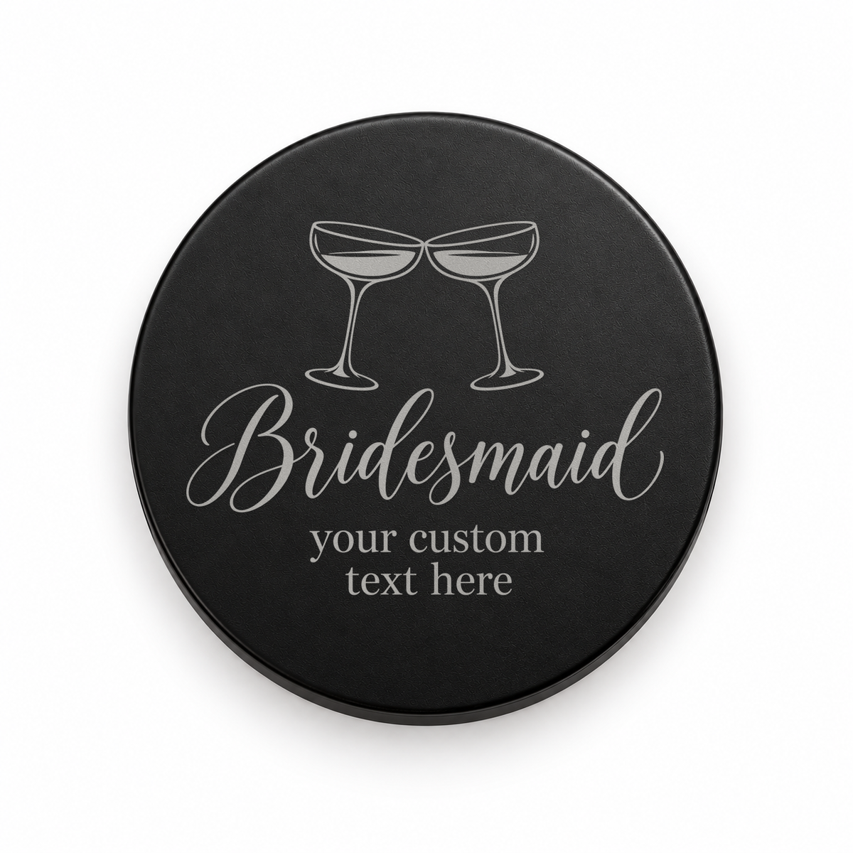 Black candle lid engraved with the Champagne Toast bridesmaid design