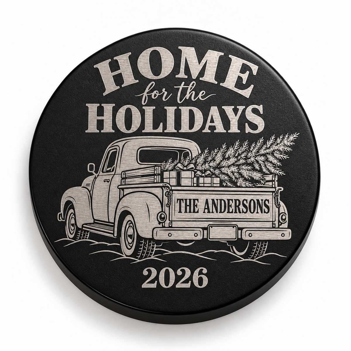 Black candle lid engraved with the Home for the Holidays christmas design