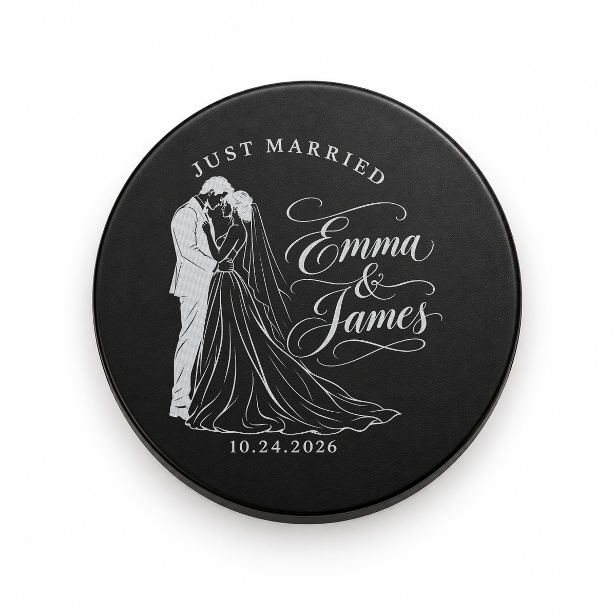 Black candle lid engraved with the Just Married wedding design
