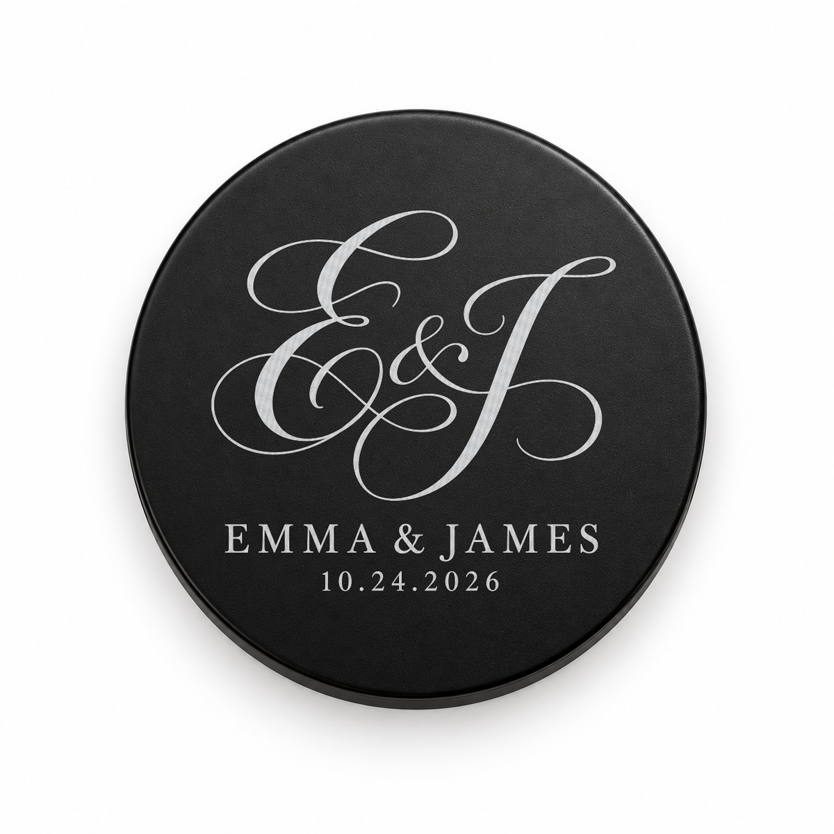 Black candle lid engraved with the Monogram wedding design