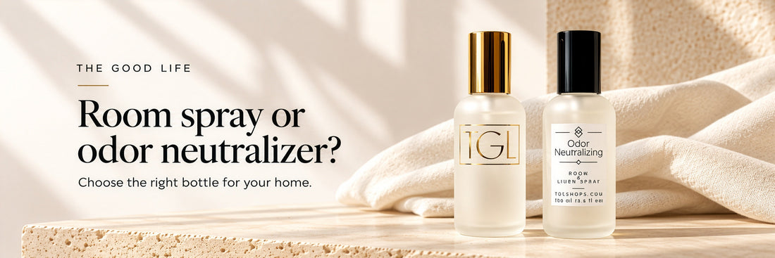 TGL scented room spray beside an odor-neutralizing spray bottle with text: Room spray or odor neutralizer?