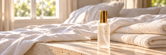 Frosted TGL room and linen spray bottle with gold cap beside fresh white bedding in morning light
