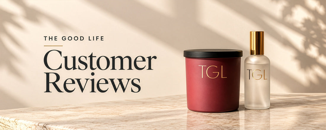 Customer Reviews banner with a red TGL candle and frosted TGL room spray on a marble counter