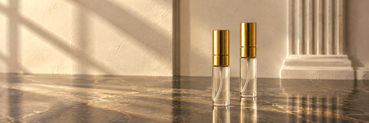 Two clear glass Scent Shot mini room spray bottles with gold caps on dark marble.