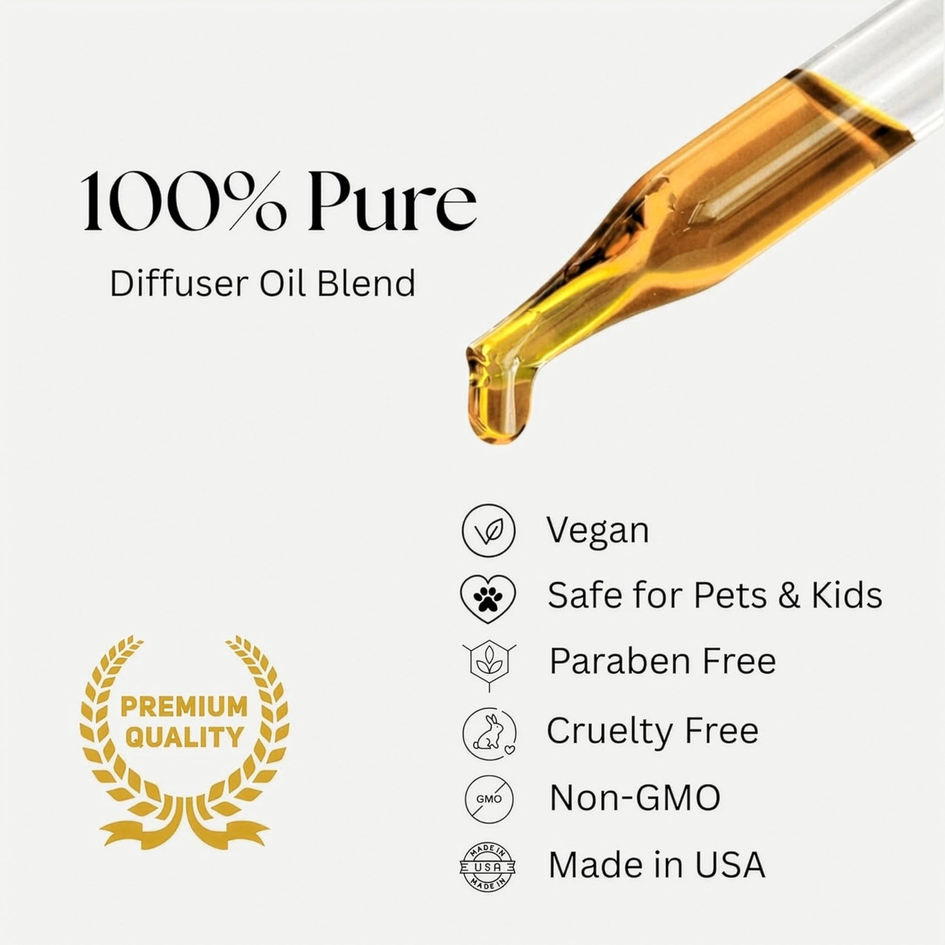 100% Pure diffuser oil blend with a dropper and certification icons on a white background