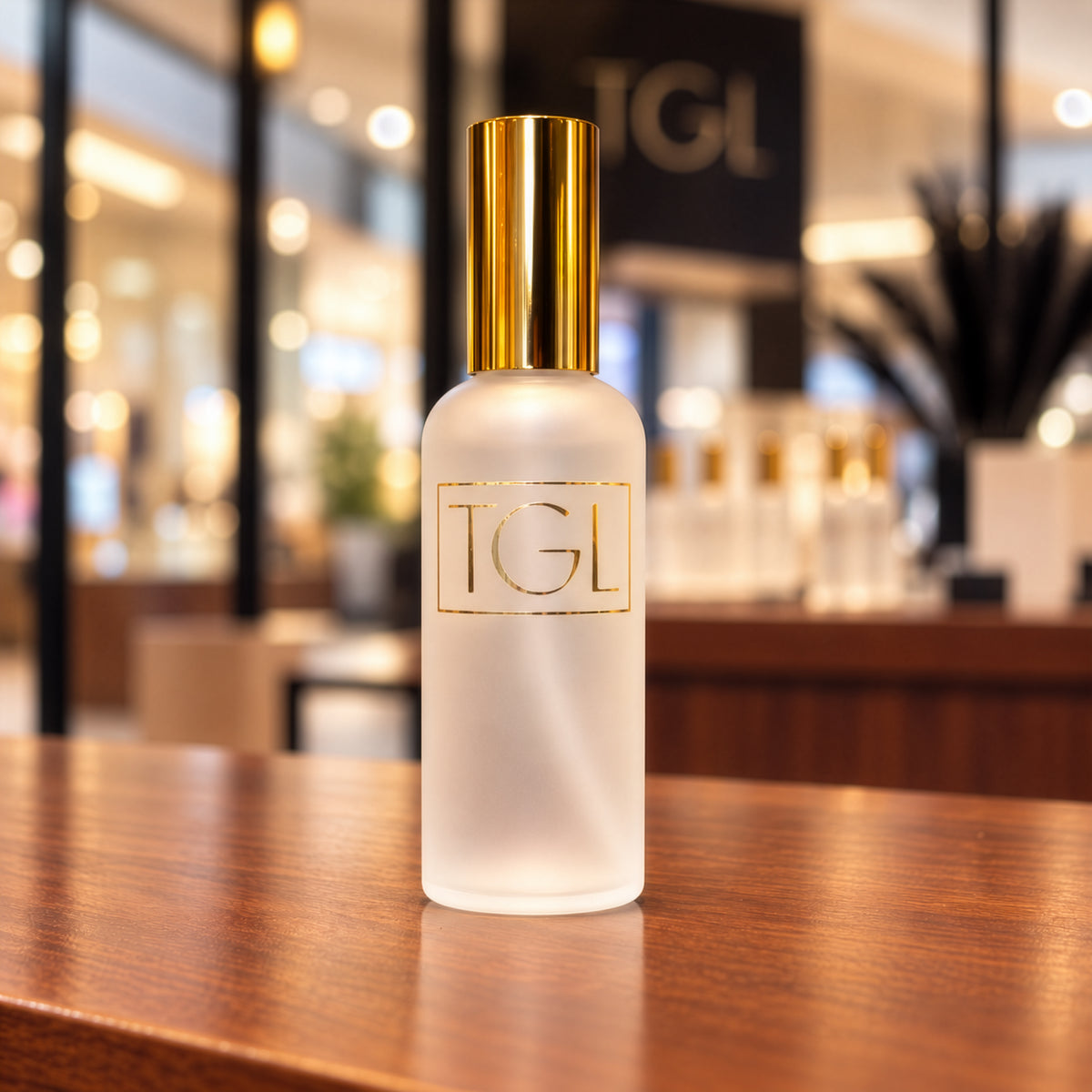 A frosted glass skincare bottle with a shiny gold cap and a gold-embossed TGL logo, standing on a polished wooden table with a blurred spa or beauty salon background.