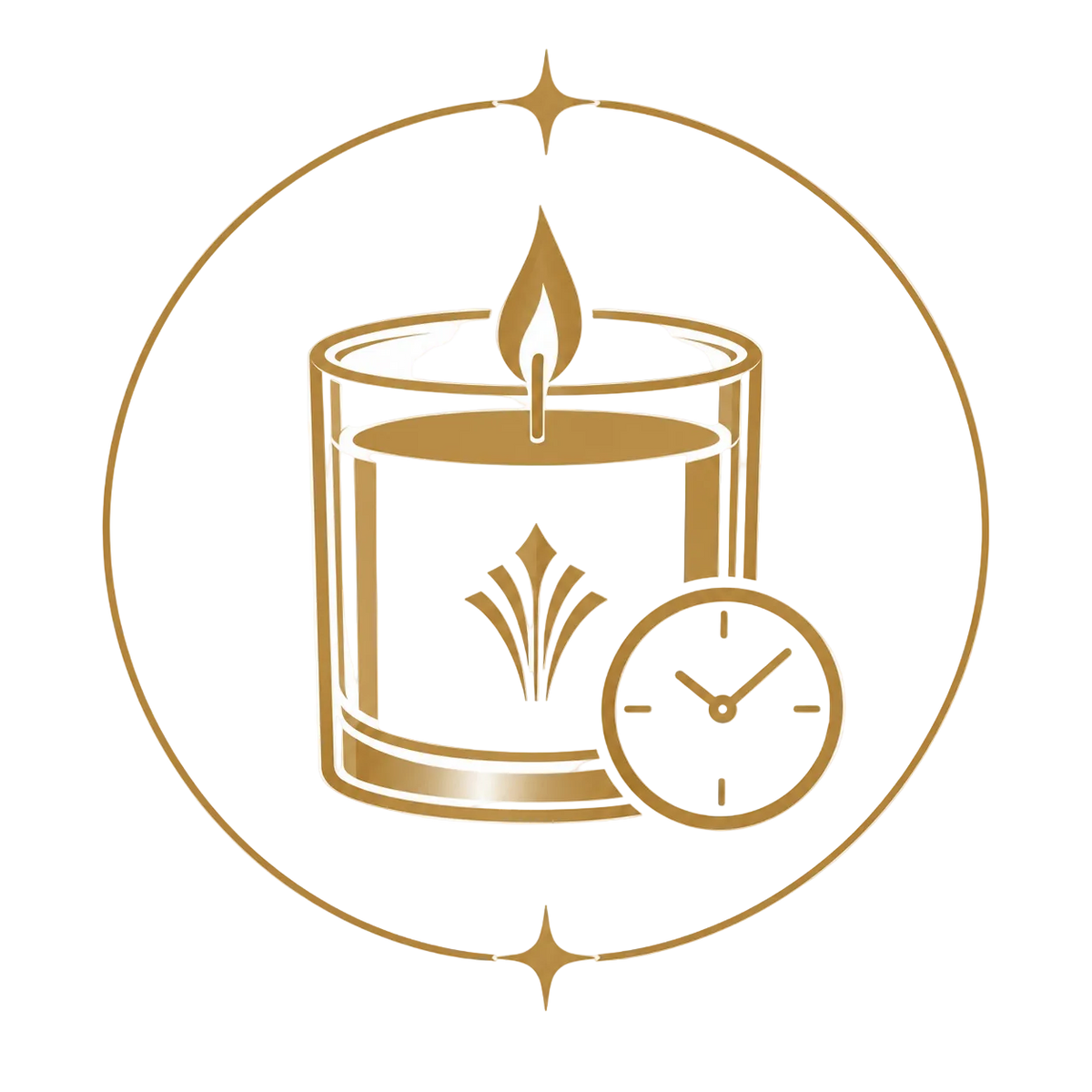 A minimalist gold line-art icon of a lit candle in a glass jar, with a flame and a clock symbol inside a circular frame on a light cream background.