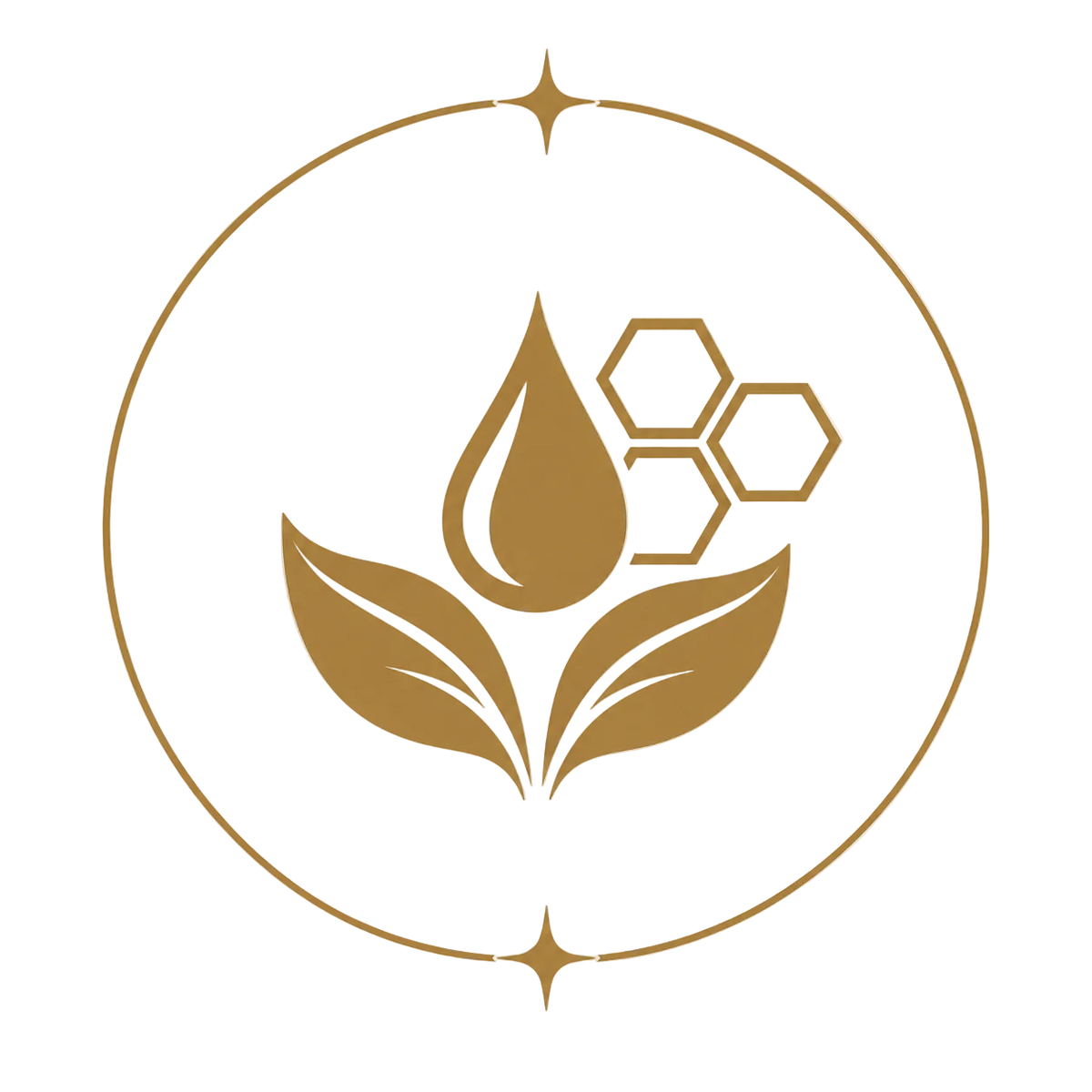 A minimalist gold vector logo featuring a droplet, two leaves, and a honeycomb shape inside a circular frame on a light cream background.