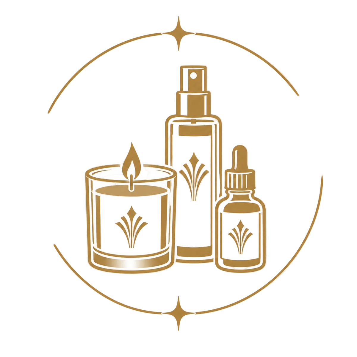 A minimalist gold vector illustration of three cosmetic or fragrance bottles and a candle inside a circular frame on a light cream background.