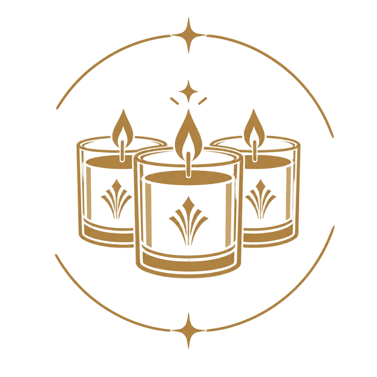 A minimalist vector illustration of three lit candles inside a circular frame with decorative star accents, rendered in a warm gold color on a light cream background.