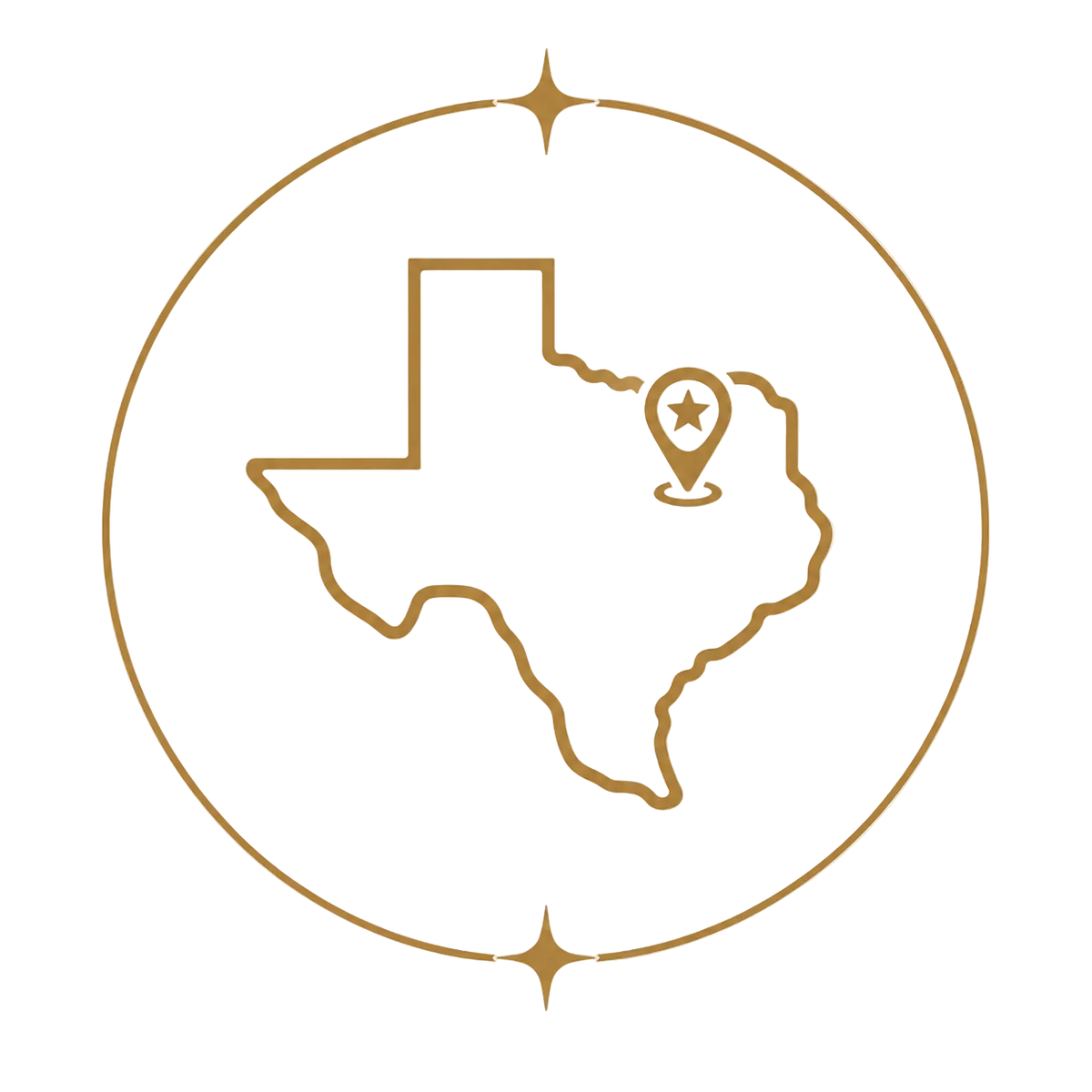 A minimalist gold vector icon depicting the outline of Texas with a location pin marker and a circular frame on a light cream background.