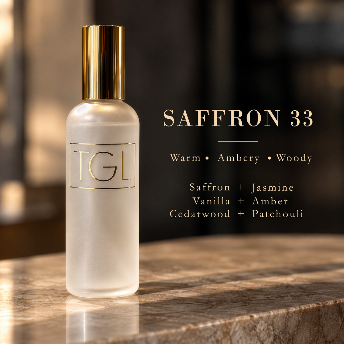A frosted glass bottle with a metallic gold cap and gold lettering reading 'TGL' on the front, placed on a marble surface. To the right, text reads 'WHITE LACE' with descriptors 'Clean • Floral • Soft' and ingredient notes.