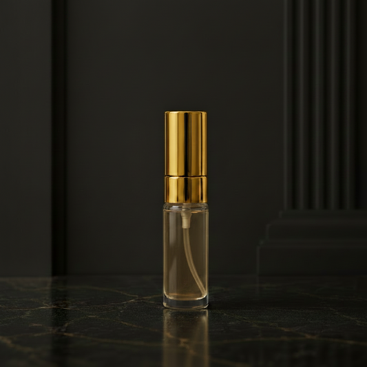 A small clear glass perfume atomizer bottle with a shiny gold metallic cap, standing on a dark marble surface against a beige wall with architectural molding.