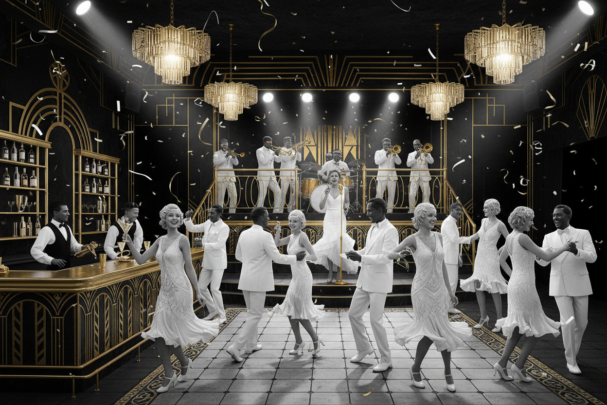 a lively speakeasy full of dancing laughter and fun. Only use black white and metallic gold. 