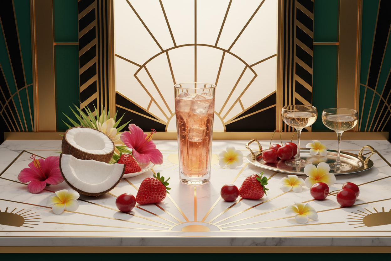 A luxurious Art Deco-inspired still life featuring fresh strawberries, sliced coconut, ripe cherries, and delicate tropical flowers artfully arranged on a marble surface with golden accents and soft sunlight, evoking playful summertime indulgence and refined elegance.