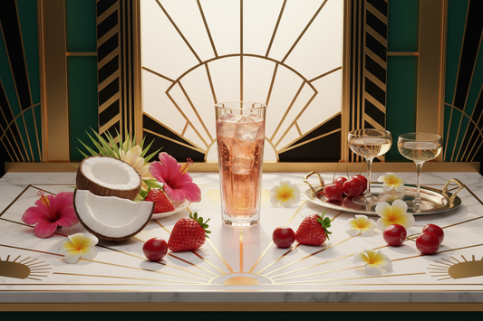 A luxurious Art Deco-inspired still life featuring fresh strawberries, sliced coconut, ripe cherries, and delicate tropical flowers artfully arranged on a marble surface with golden accents and soft sunlight, evoking playful summertime indulgence and refined elegance.