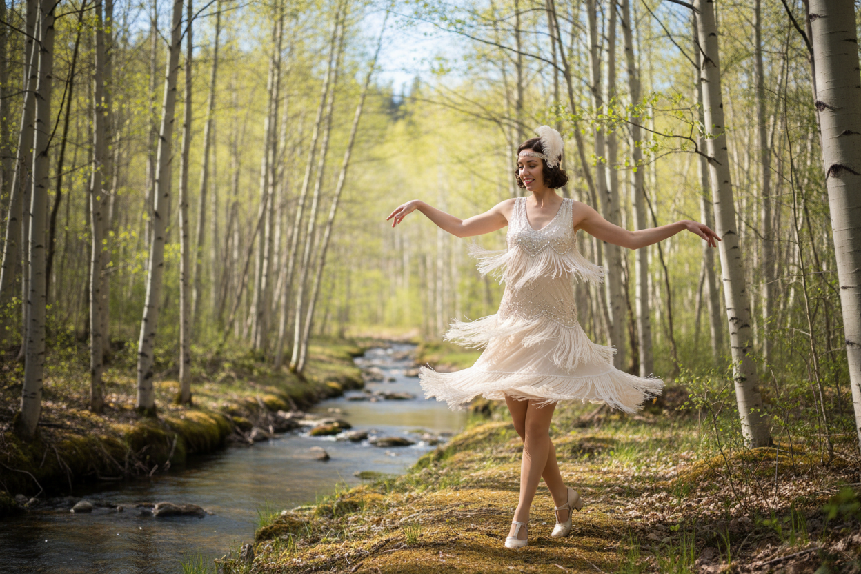 aspen woods with a creek in spring. A 1920 dancer dansing alone in the woods