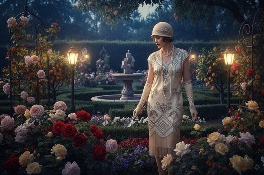 Can you make the image darker with lights in the garden illuminating the scene