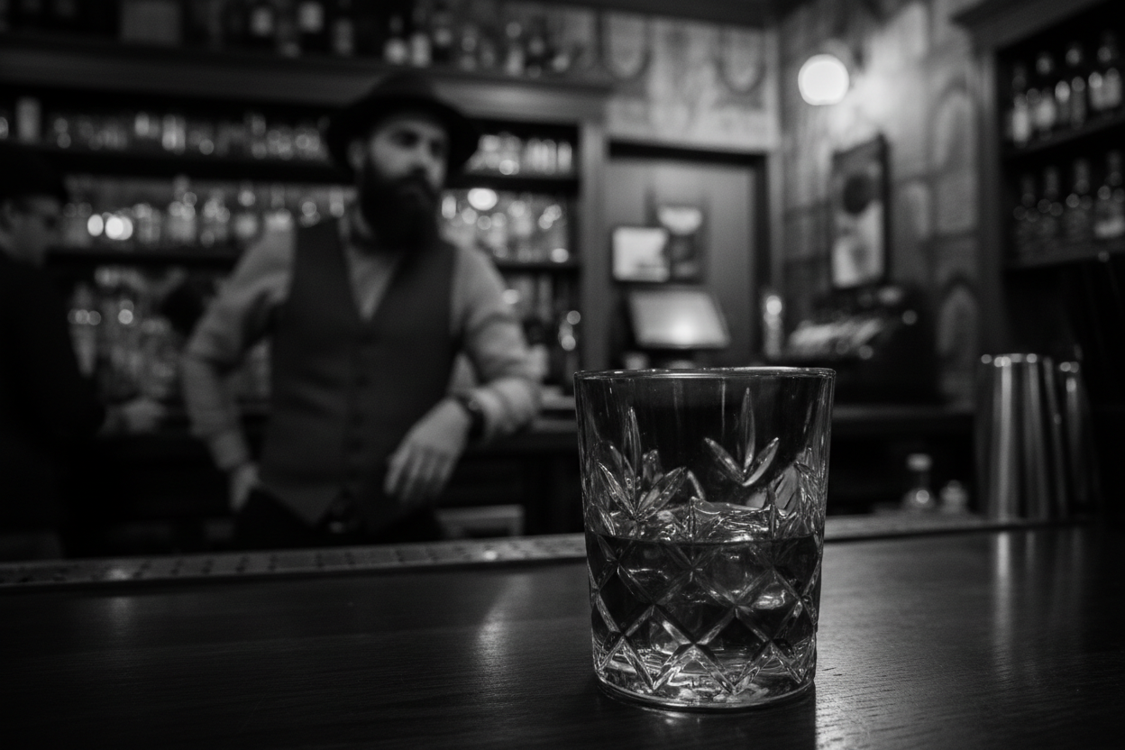 Hipster Drinking Whiskey black and white class in focus hispter in background out of focus. Speakeasy setting