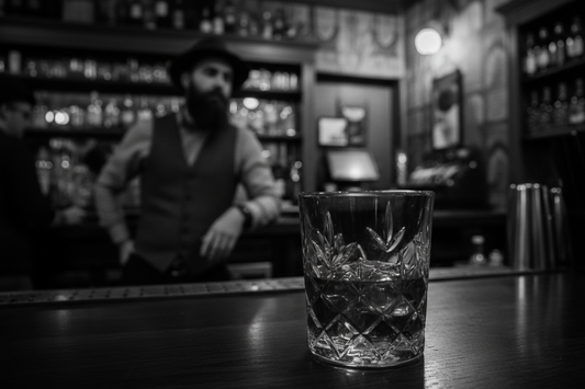 Hipster Drinking Whiskey black and white class in focus hispter in background out of focus. Speakeasy setting