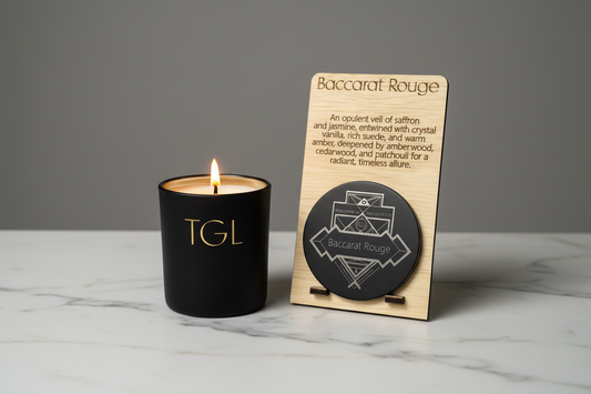Professional product photo of TGL Baccarat Rouge candle with clear text