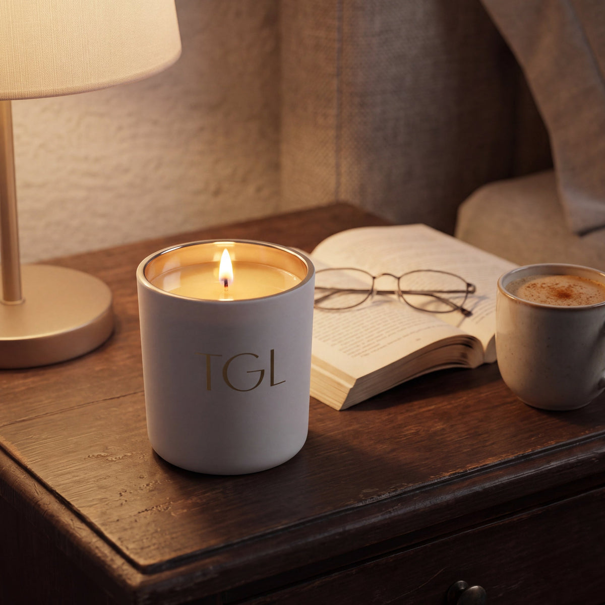 TGL soy candle by The GOOD LIFE, lit in a white jar on a nightstand beside an open book
