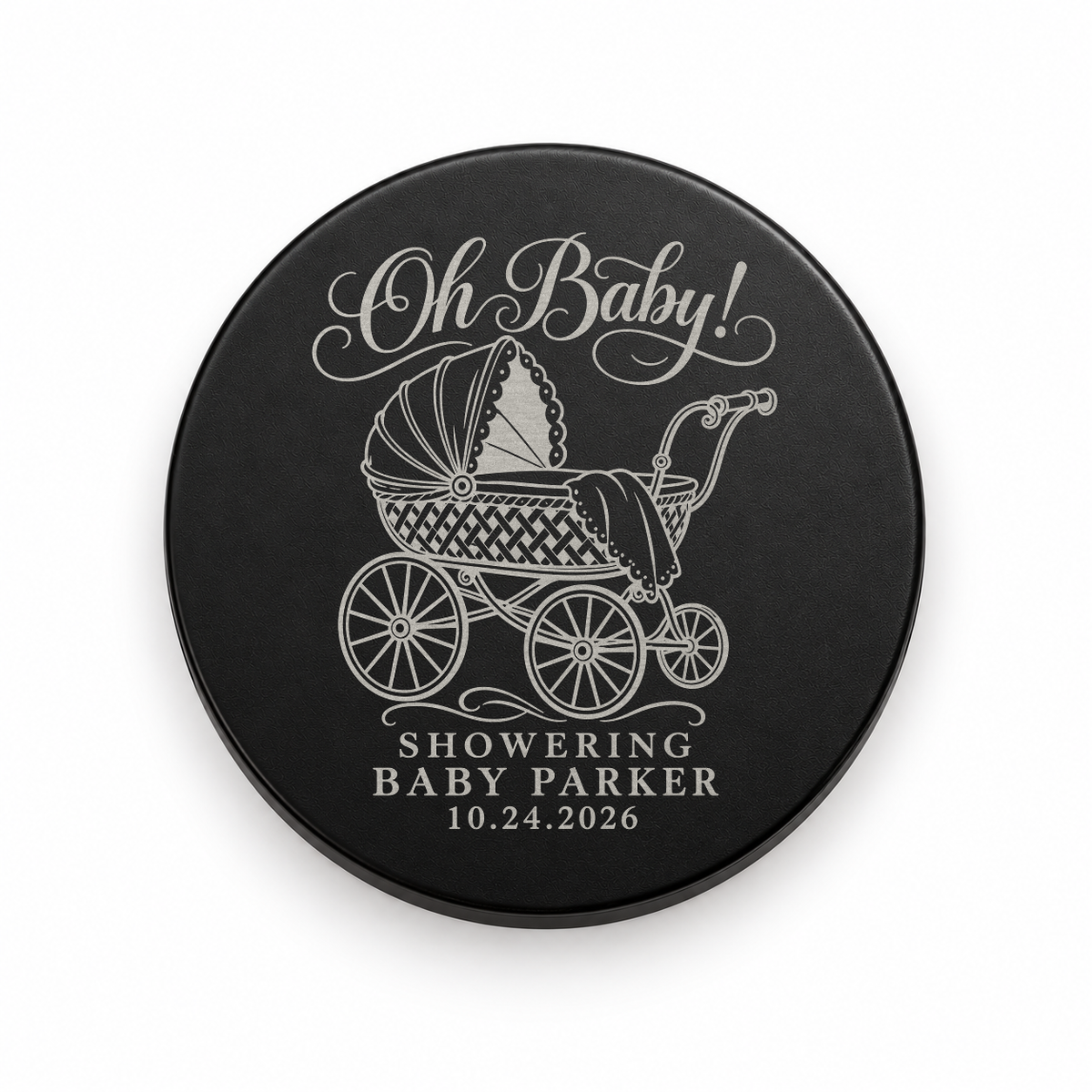Black candle lid engraved with the Oh Baby Carriage baby shower design