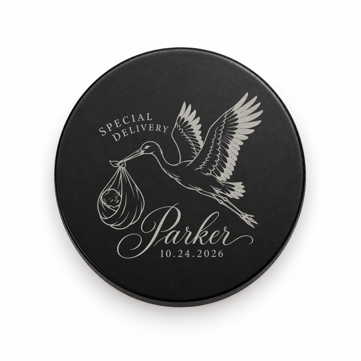 Black candle lid engraved with the Special Delivery Stork baby shower design