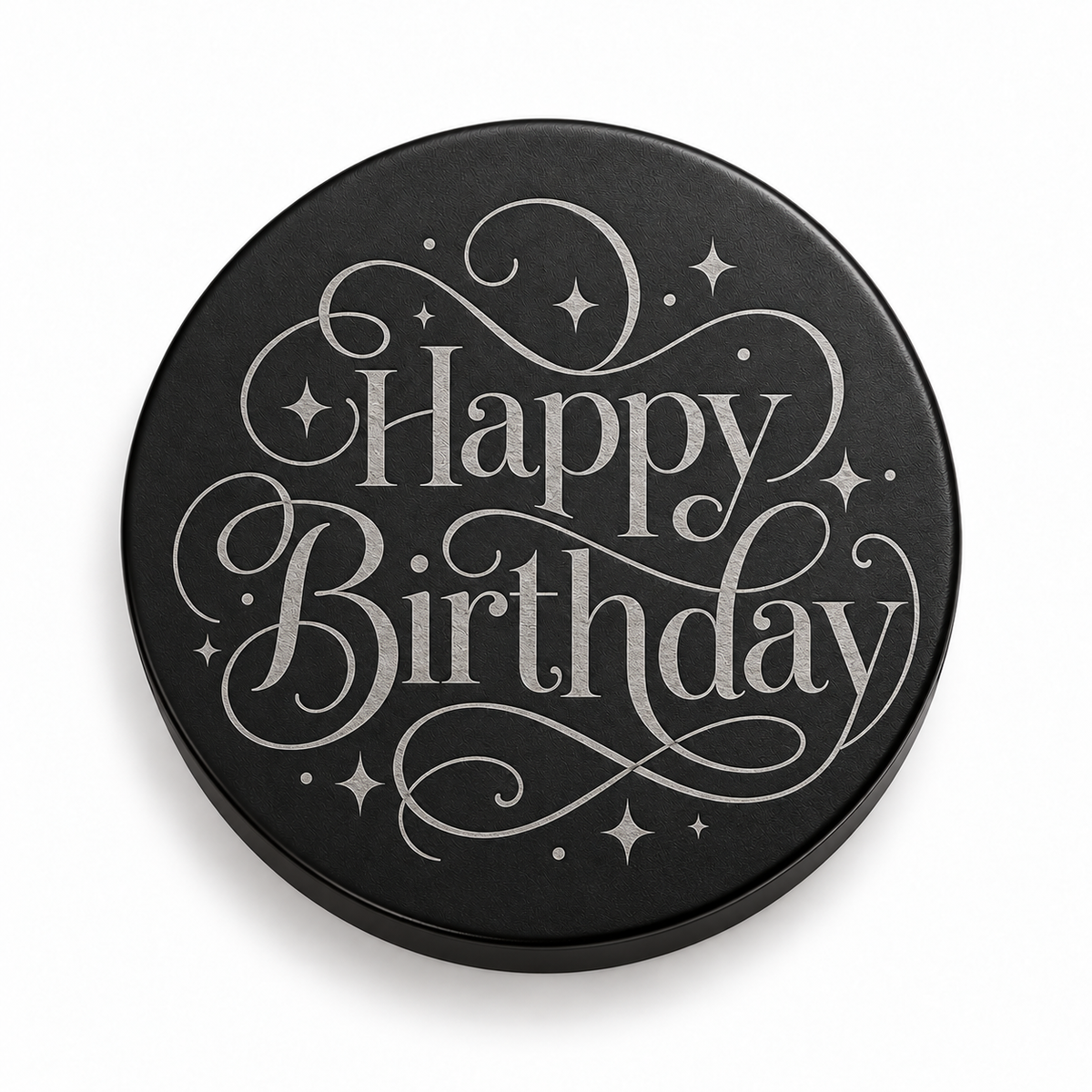 Black candle lid engraved with the Classic Script birthday design