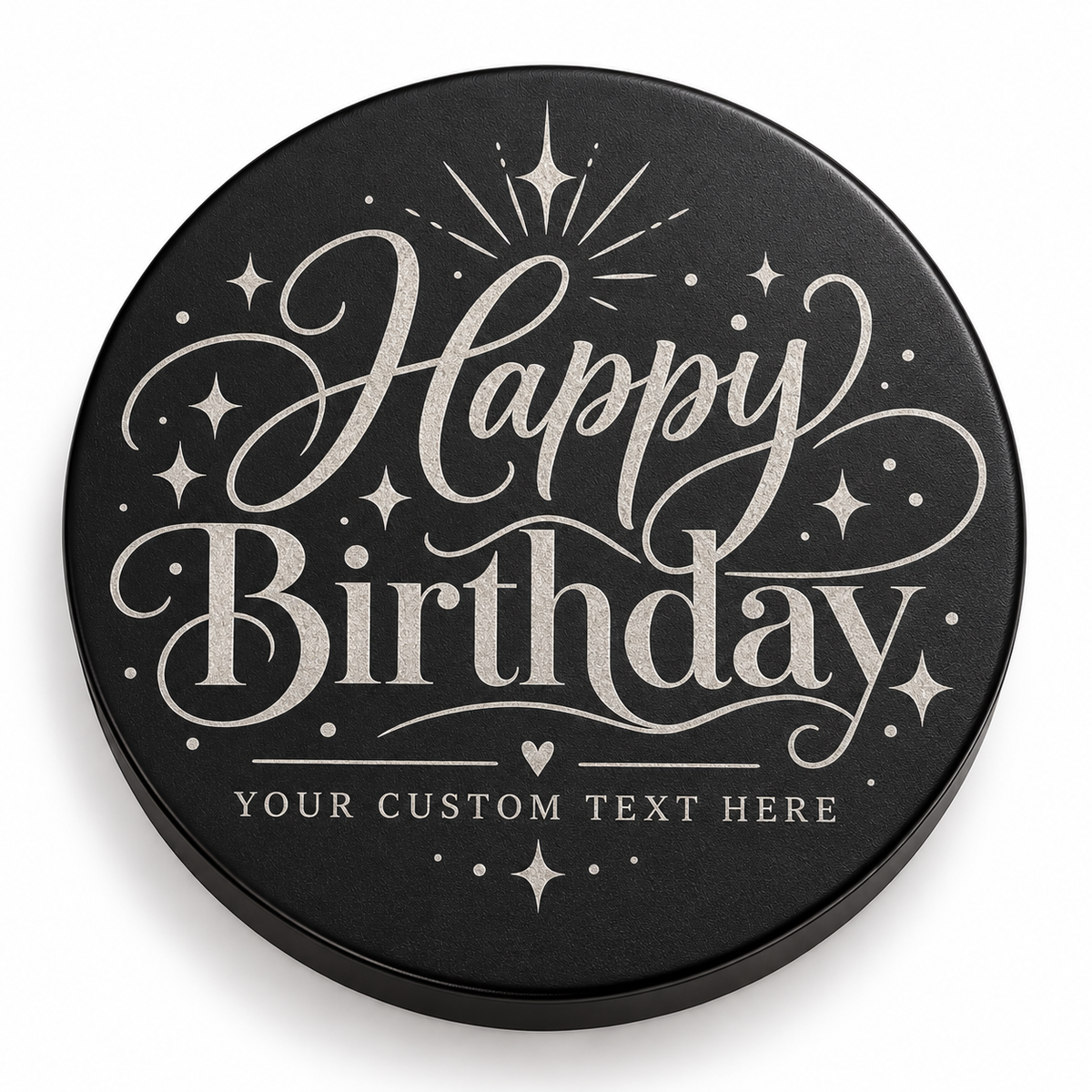 Black candle lid engraved with the Starburst Script birthday design