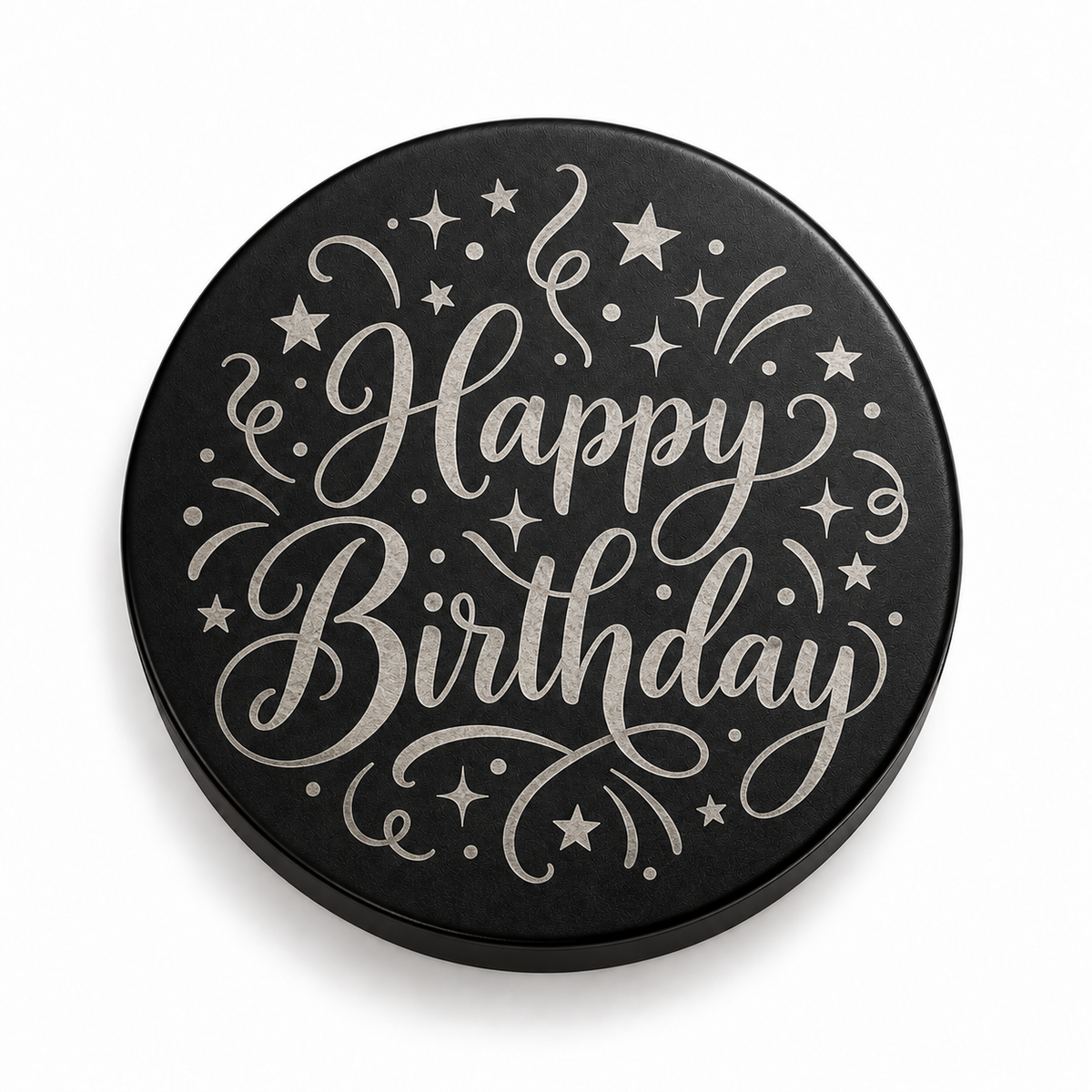 Black candle lid engraved with the Confetti Script birthday design
