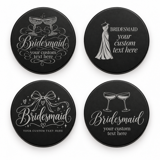 Four black candle lids engraved with bridesmaid designs, shown together
