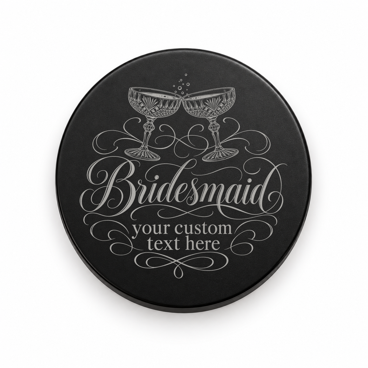 Black candle lid engraved with the Crystal Toast bridesmaid design