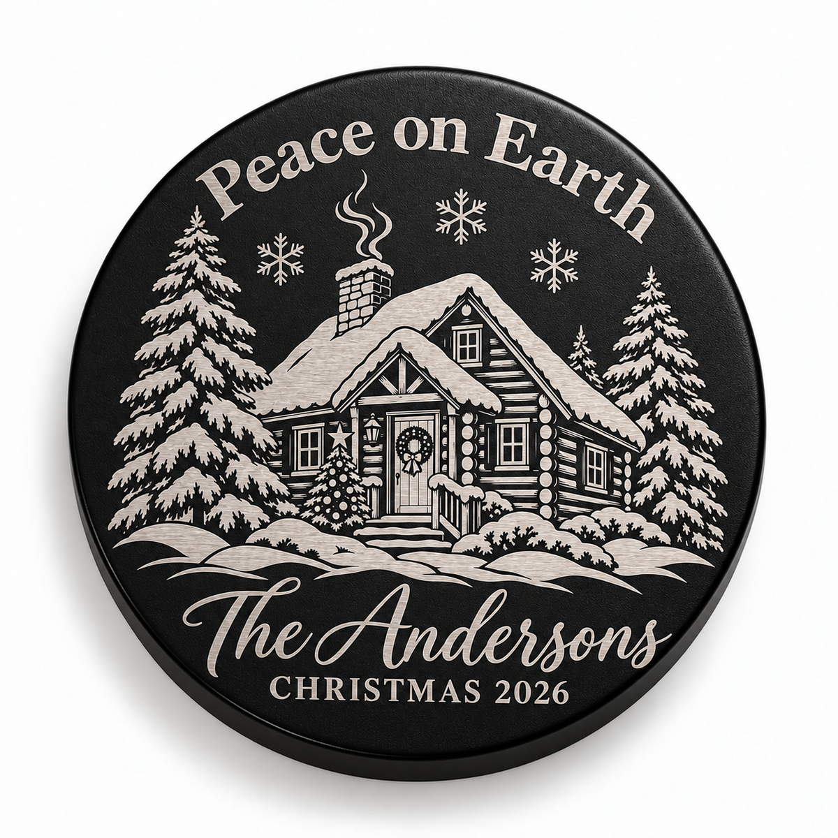 Black candle lid engraved with the Peace on Earth christmas design