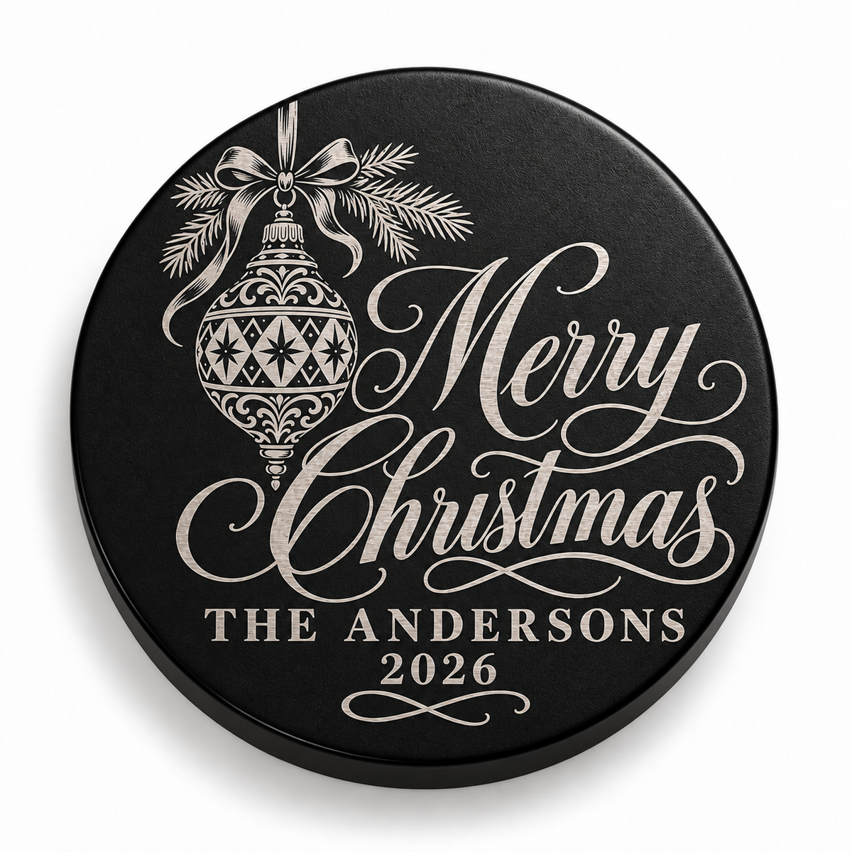 Black candle lid engraved with the Merry Christmas Ornament christmas design