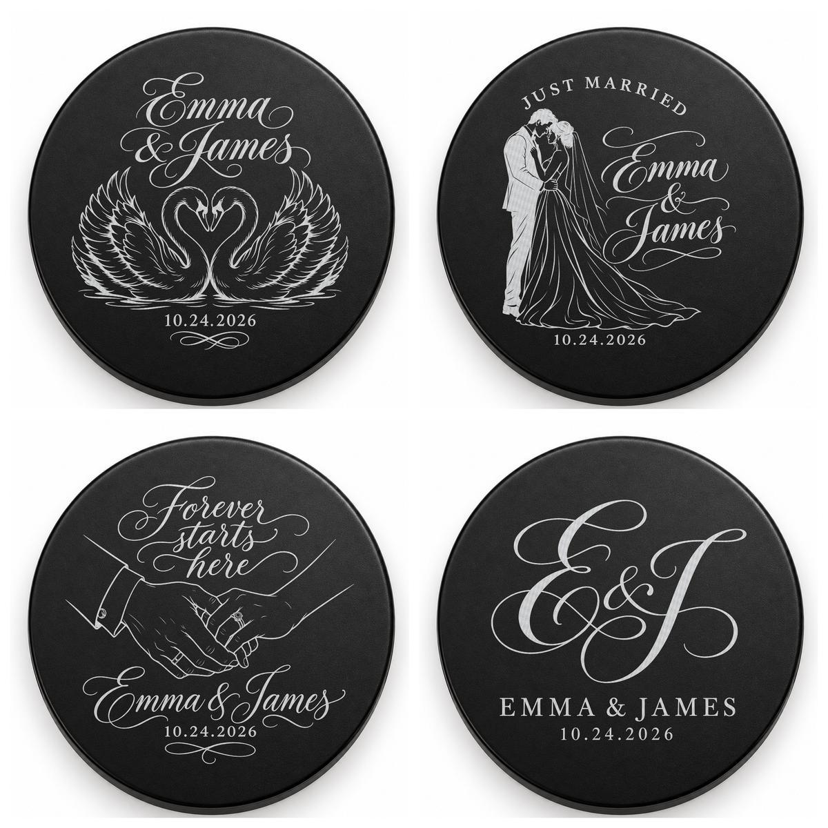 Four black candle lids engraved with wedding designs, shown together