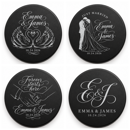 Four black candle lids engraved with wedding designs, shown together