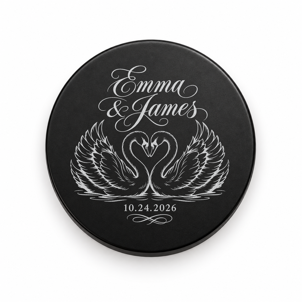 Black candle lid engraved with the Swans wedding design