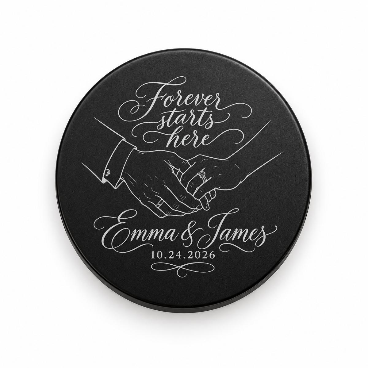 Black candle lid engraved with the Forever Starts Here wedding design
