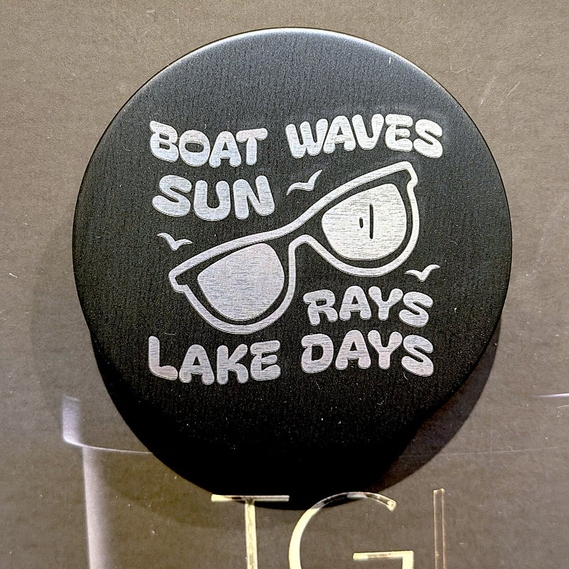 Black TGL candle lid engraved with Boat Waves, Sun Rays, Lake Days