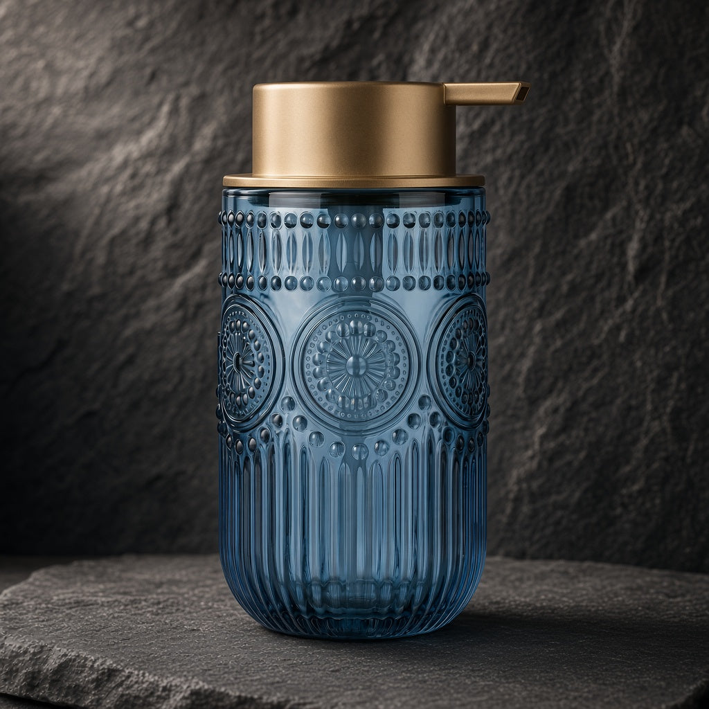 Placeholder image: blue embossed glass foaming soap dispenser with gold pump on dark slate