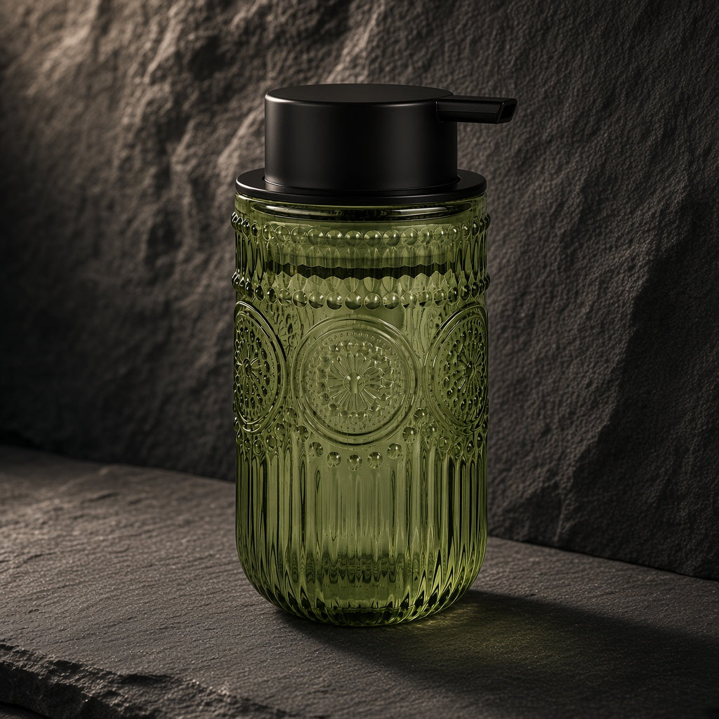 Placeholder image: green embossed glass foaming soap dispenser with black pump on dark slate
