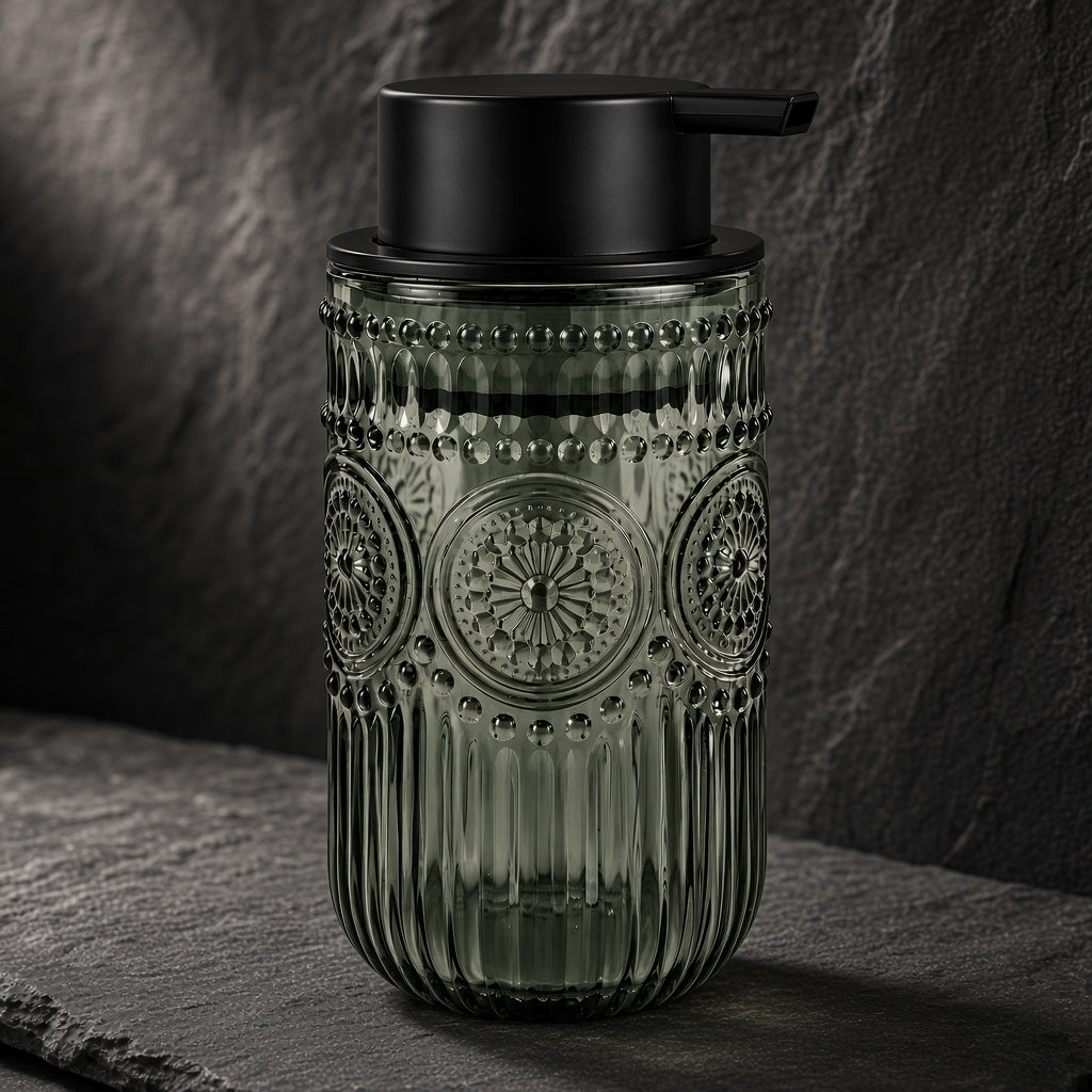 Placeholder image: smoky gray green embossed glass foaming soap dispenser with black pump on dark slate