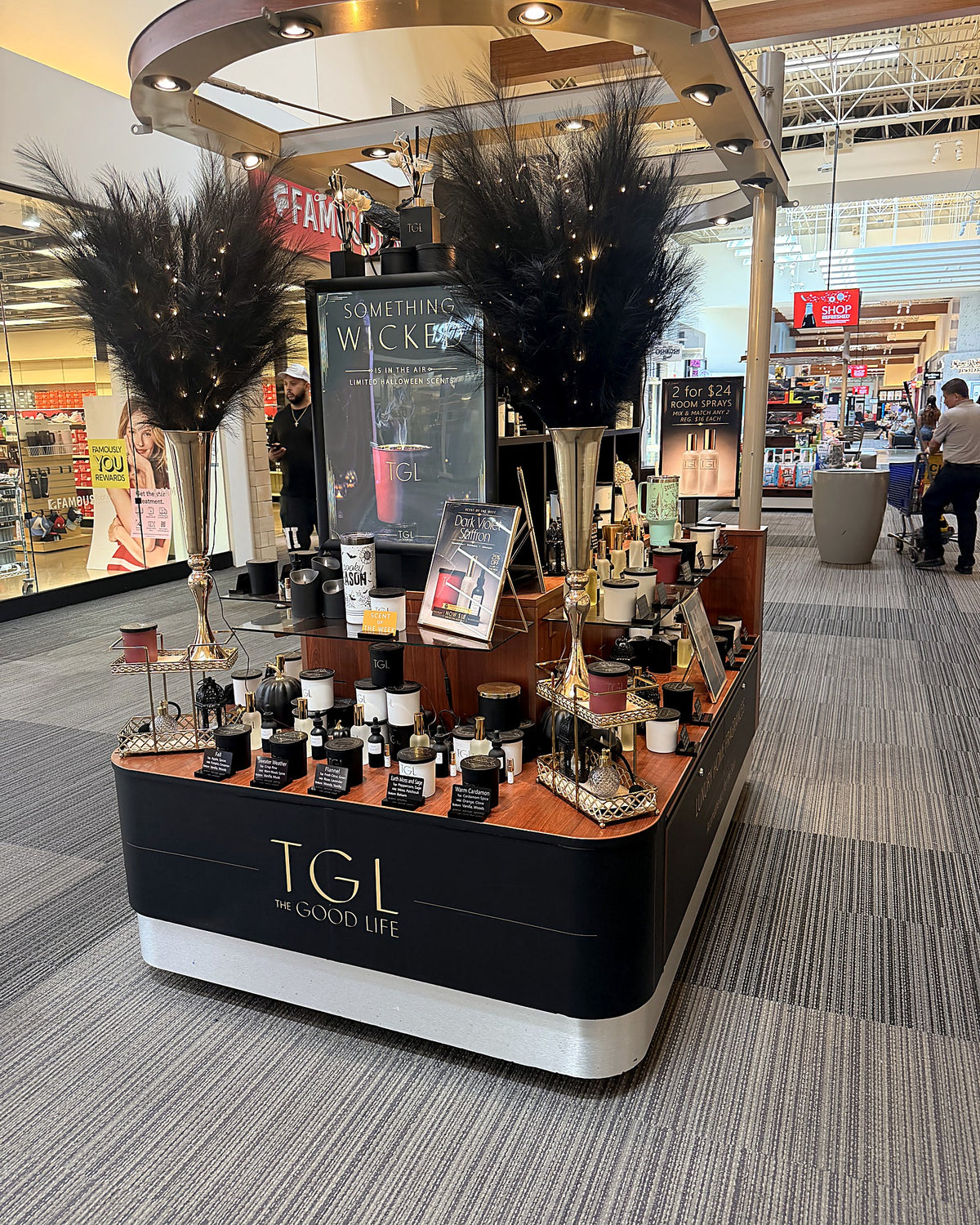 The GOOD LIFE candle cart inside Grapevine Mills, in front of Pop Mart